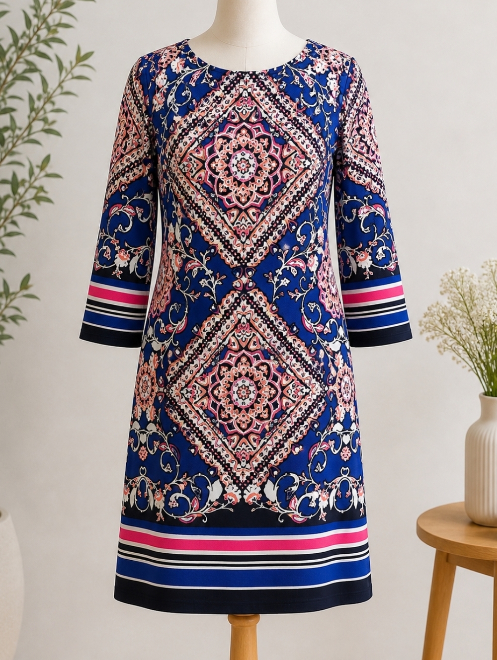JESSICA HOWARD FLORAL AND STRIPED KNIT DRESS